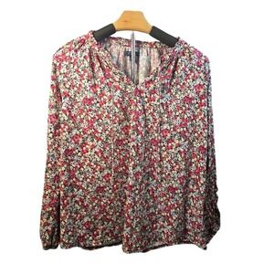 Chaps Womens Pink Blue Floral Cotton Modal Long Sleeve‎ Peasant Blouse Large